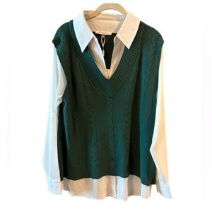 NWT Siani Milano Green & White Classic Career Combo Sweater Blouse Size Large